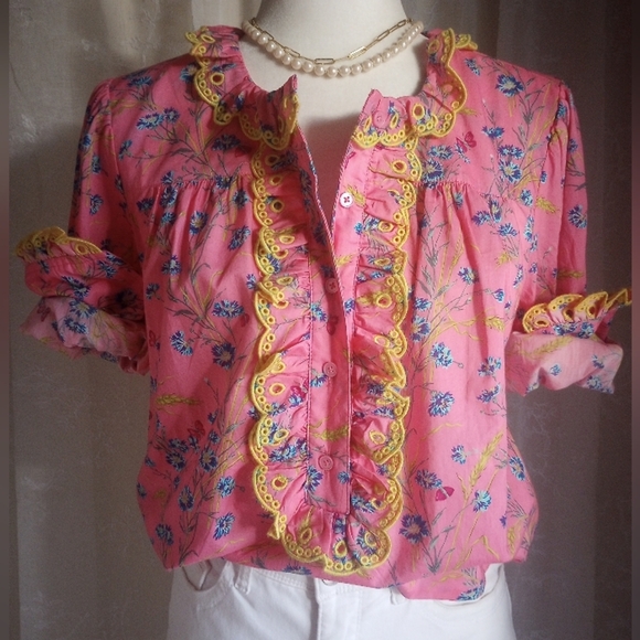 J. Crew Tops - J. Crew Liberty Art Fabric Pink Floral Eyelet Trim Long Sleeve Blouse Size XS